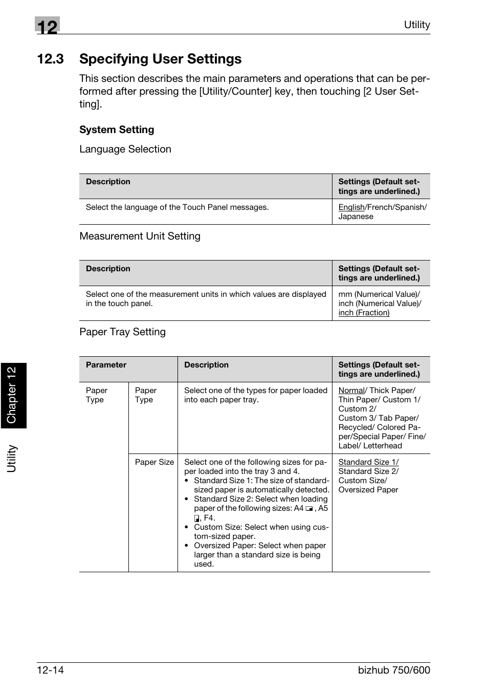 3 specifying user settings, Utility ch ap te r 12 | Konica Minolta bizhub 750 User Manual | Page 427 / 526