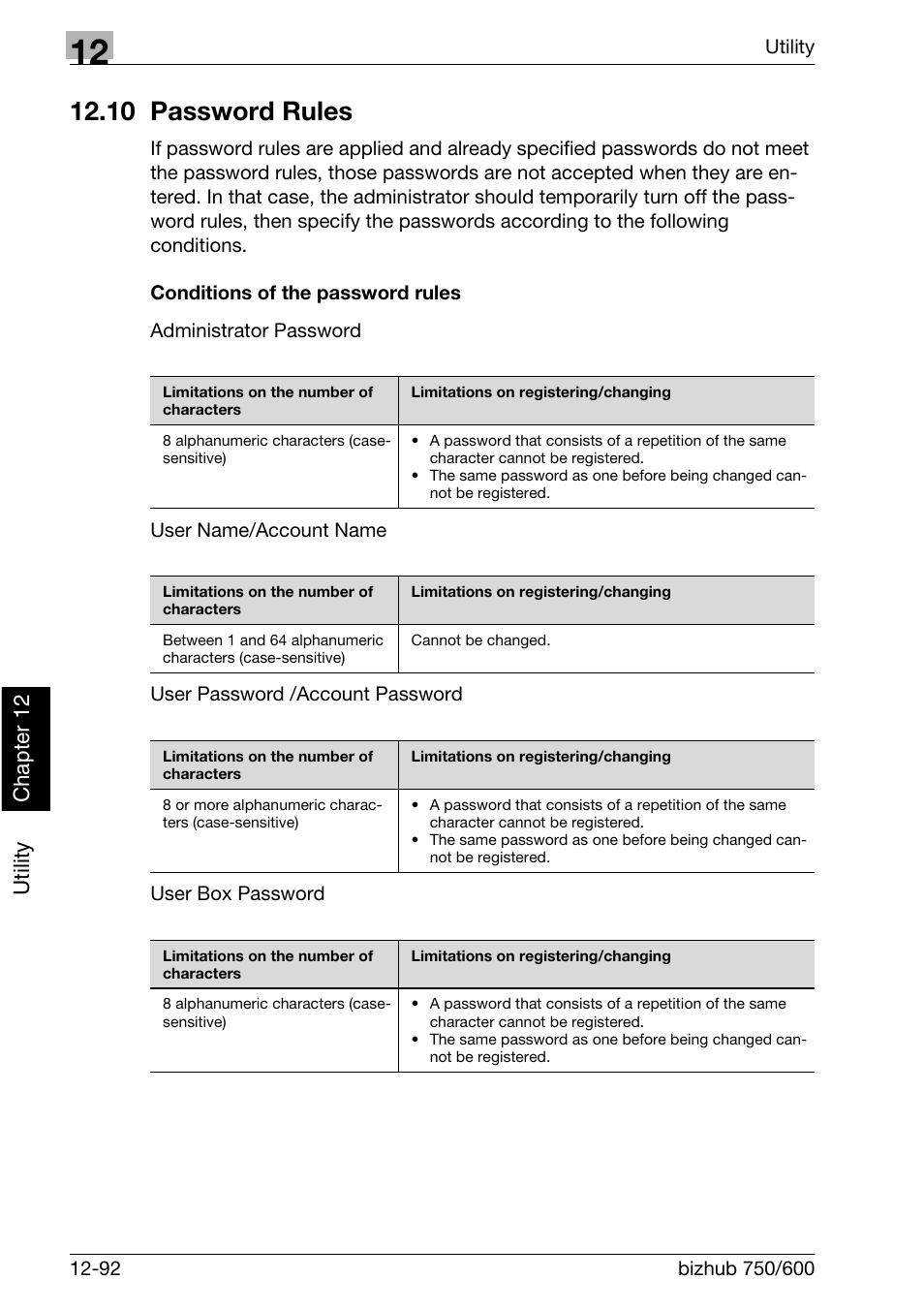 10 password rules, Utility ch ap te r 12 | Konica Minolta bizhub 750 User Manual | Page 505 / 526