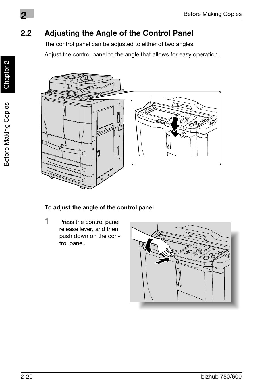 2 adjusting the angle of thecontrol panel, 2 adjusting the angle of the control panel | Konica Minolta bizhub 750 User Manual | Page 65 / 526