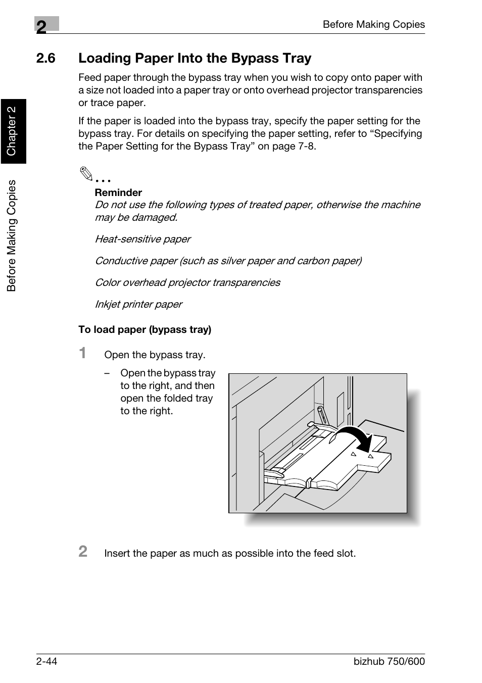 6 loading paper into the bypass tray | Konica Minolta bizhub 750 User Manual | Page 89 / 526