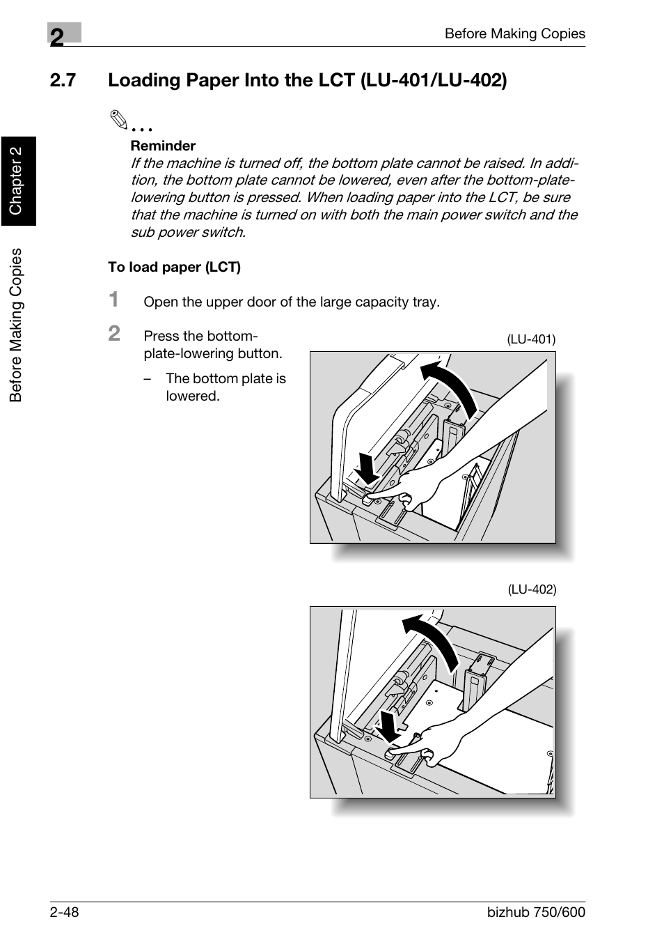 7 loading paper into the lct (lu-401/lu-402) | Konica Minolta bizhub 750 User Manual | Page 93 / 526