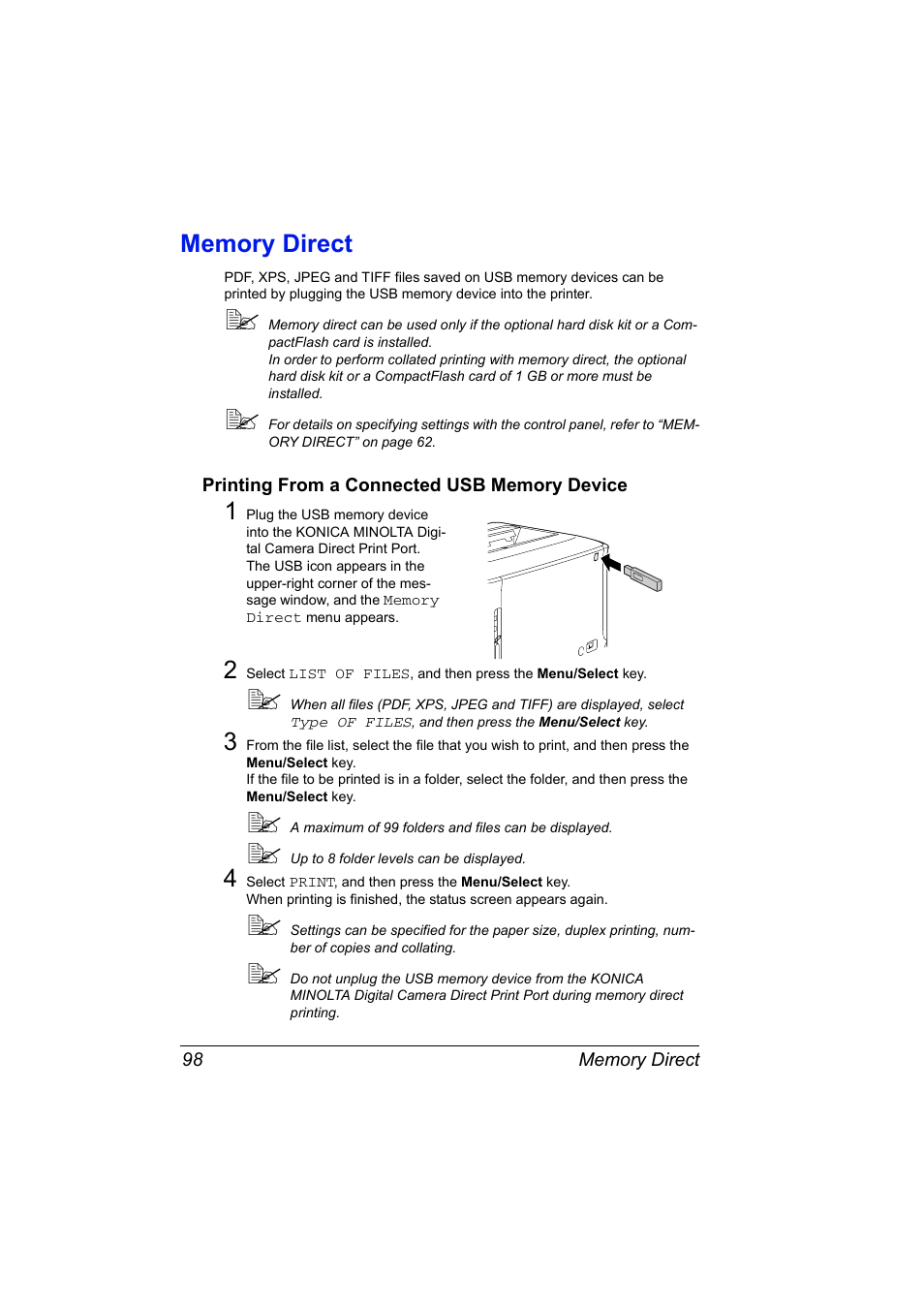Memory direct, Printing from a connected usb memory device, Memory direct 98 | Printing from a connected usb memory device 98 | Konica Minolta Bizhub C20P User Manual | Page 112 / 258
