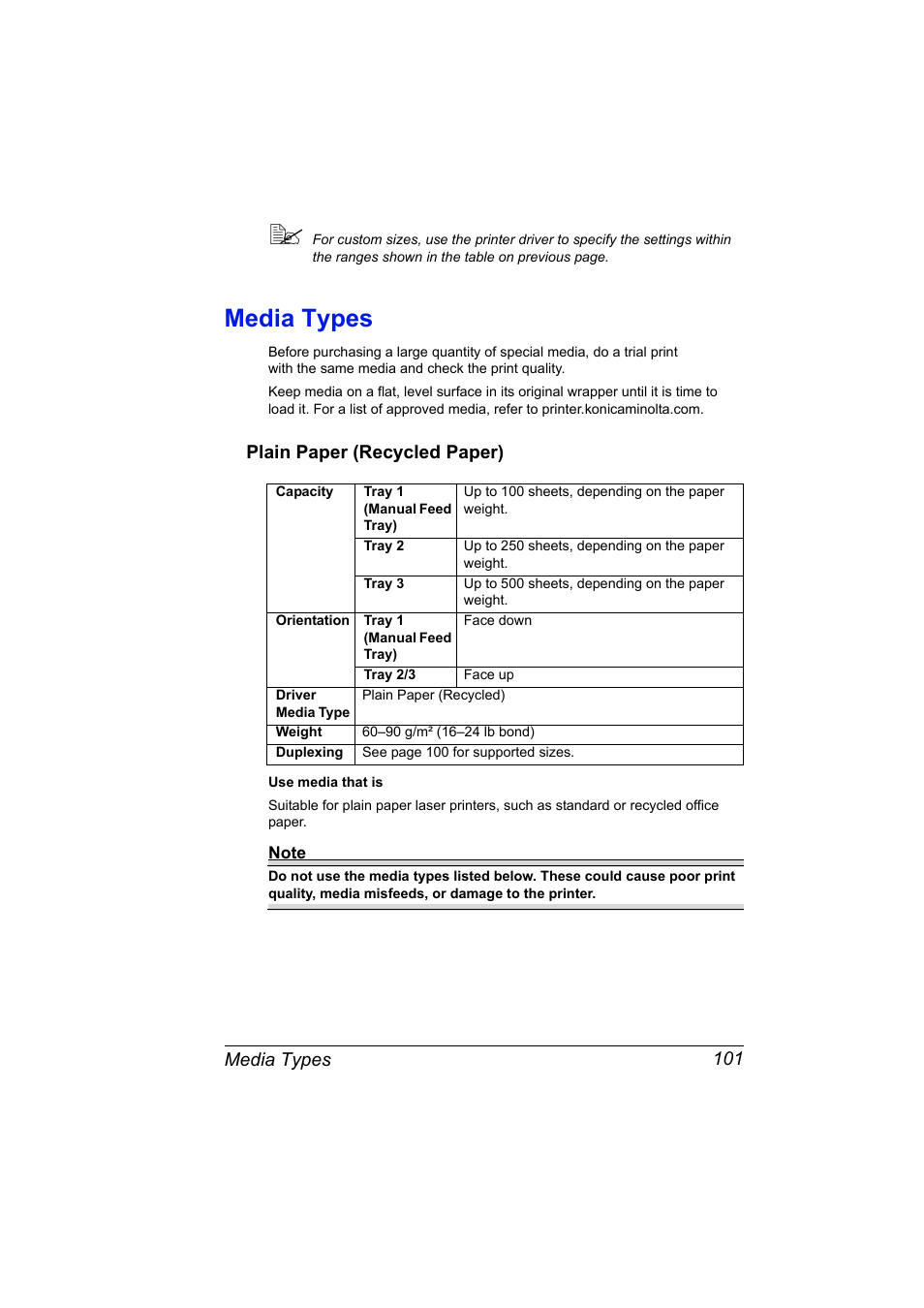 Media types, Plain paper (recycled paper), Media types 101 | Plain paper (recycled paper) 101 | Konica Minolta Bizhub C20P User Manual | Page 115 / 258