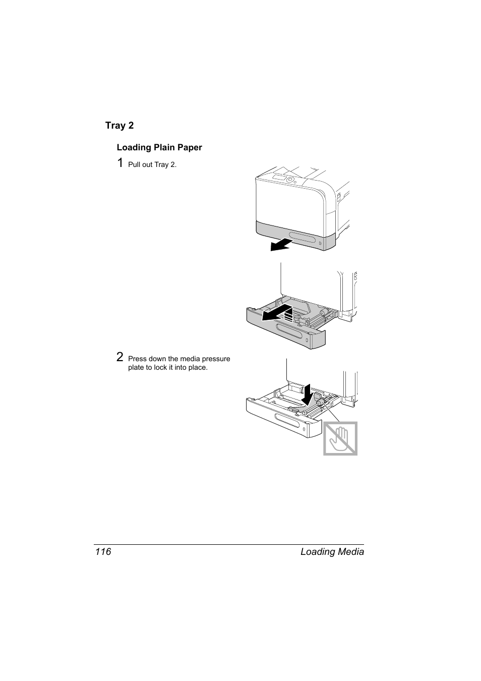 Tray 2, Loading plain paper, Tray 2 116 | Loading plain paper 116 | Konica Minolta Bizhub C20P User Manual | Page 130 / 258
