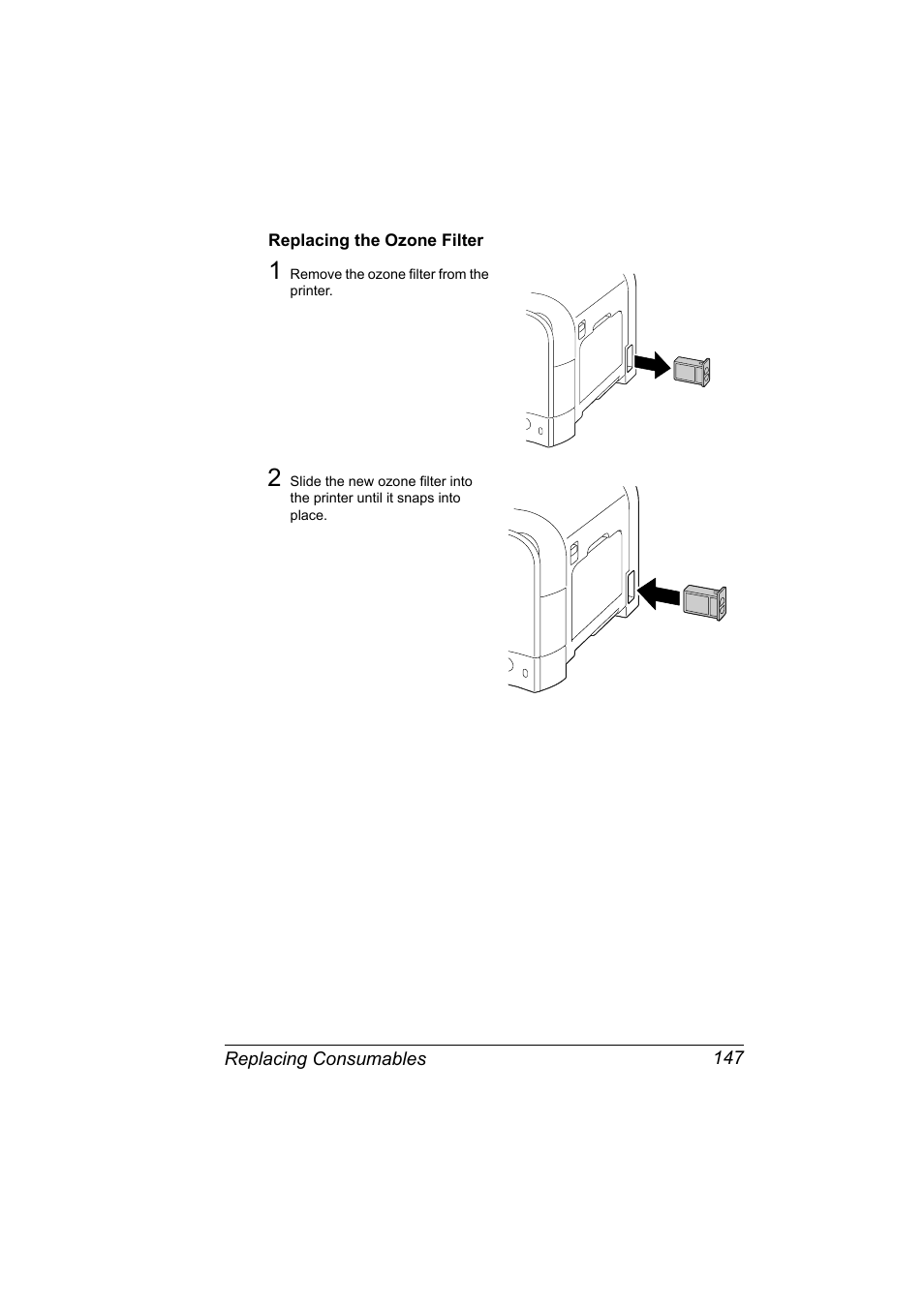 Replacing the ozone filter, Replacing the ozone filter 147 | Konica Minolta Bizhub C20P User Manual | Page 161 / 258