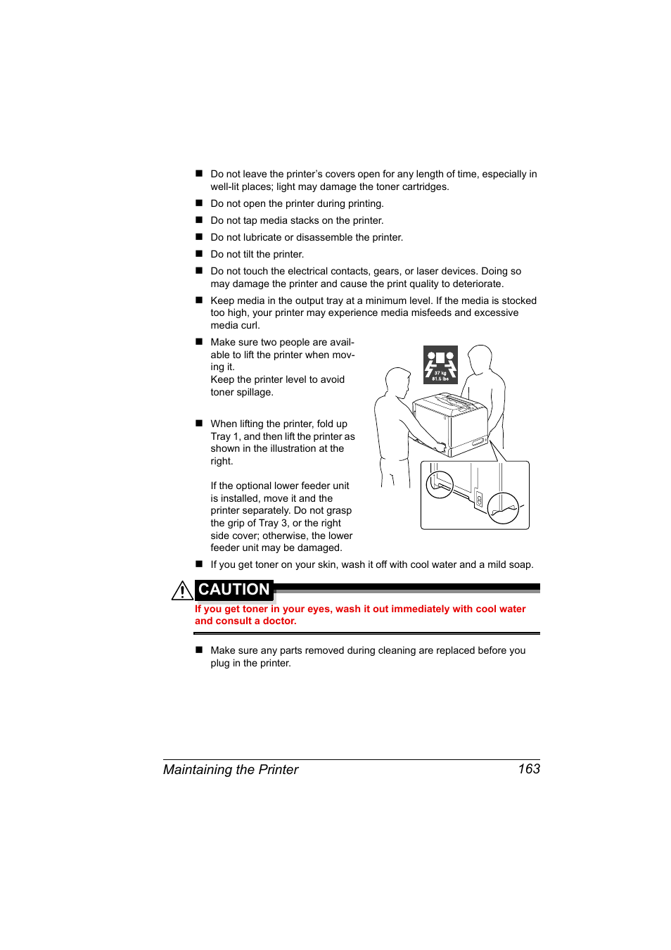 Caution, Maintaining the printer 163 | Konica Minolta Bizhub C20P User Manual | Page 177 / 258