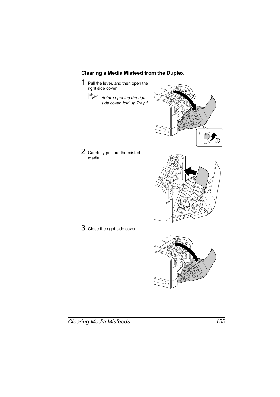 Clearing a media misfeed from the duplex, Clearing a media misfeed from the duplex 183 | Konica Minolta Bizhub C20P User Manual | Page 197 / 258