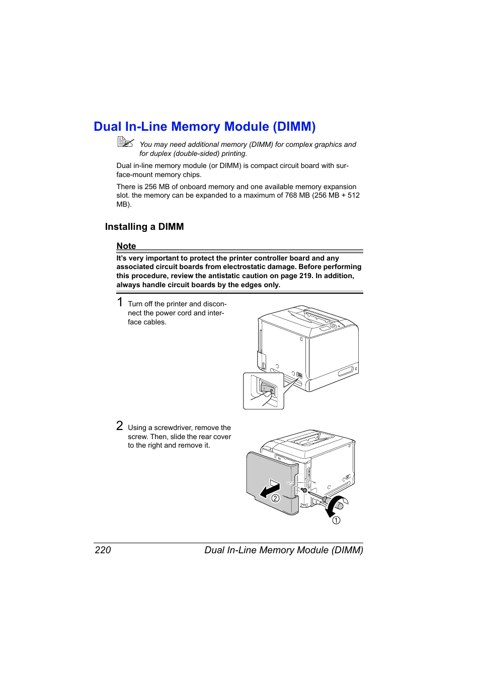 Dual in-line memory module (dimm), Installing a dimm, Dual in-line memory module (dimm) 220 | Installing a dimm 220 | Konica Minolta Bizhub C20P User Manual | Page 234 / 258
