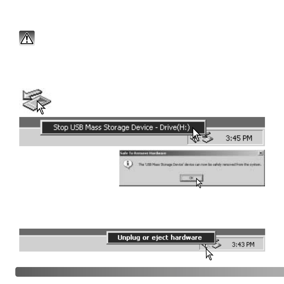 Disconnecting the camera from a computer, Windows xp, 2000 professional, and me, Windows 98 / 98 second edition | Konica Minolta X50 User Manual | Page 86 / 108