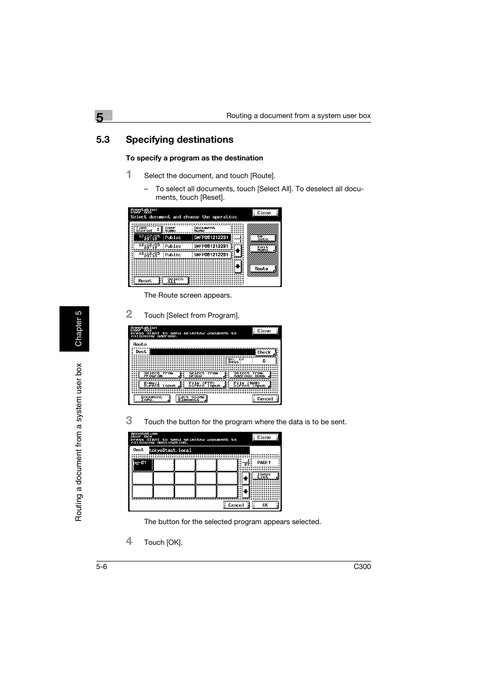 3 specifying destinations, To specify a program as the destination, Specifying destinations -6 | To specify a program as the destination -6, P. 5-6 | Konica Minolta bizhub C300 User Manual | Page 113 / 198