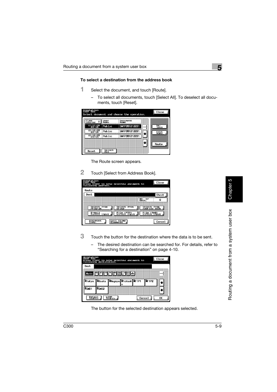 To select a destination from the address book, To select a destination from the address book -9, P. 5-9 | Konica Minolta bizhub C300 User Manual | Page 116 / 198