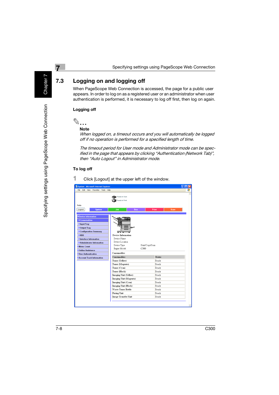 3 logging on and logging off, Logging off, To log off | Logging on and logging off -8, Logging off -8 to log off -8 | Konica Minolta bizhub C300 User Manual | Page 165 / 198