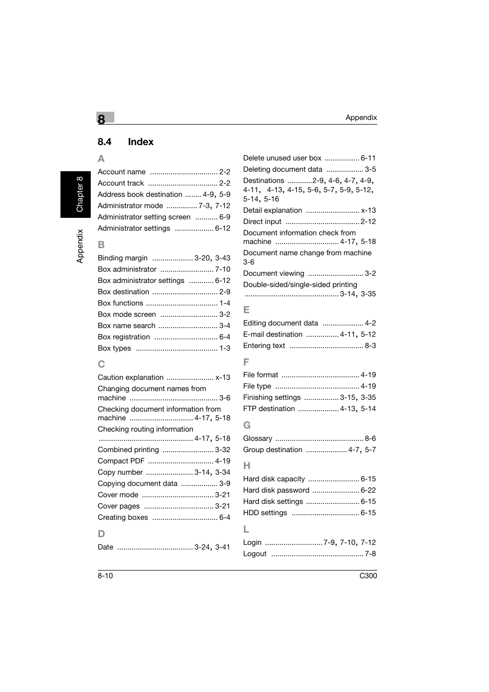 4 index, A to l, Index -10 | Konica Minolta bizhub C300 User Manual | Page 195 / 198