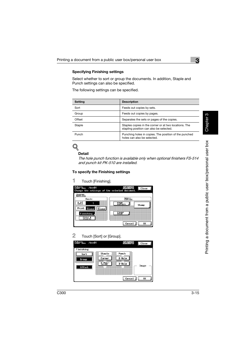 Specifying finishing settings, To specify the finishing settings, P. 3-15 | Konica Minolta bizhub C300 User Manual | Page 52 / 198
