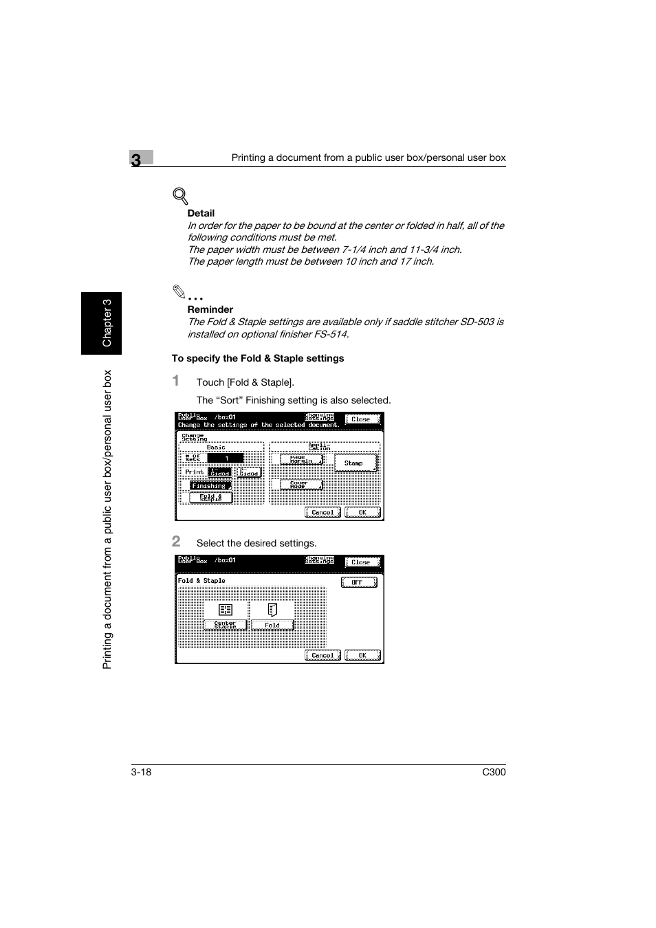 To specify the fold & staple settings, To specify the fold & staple settings -18 | Konica Minolta bizhub C300 User Manual | Page 55 / 198