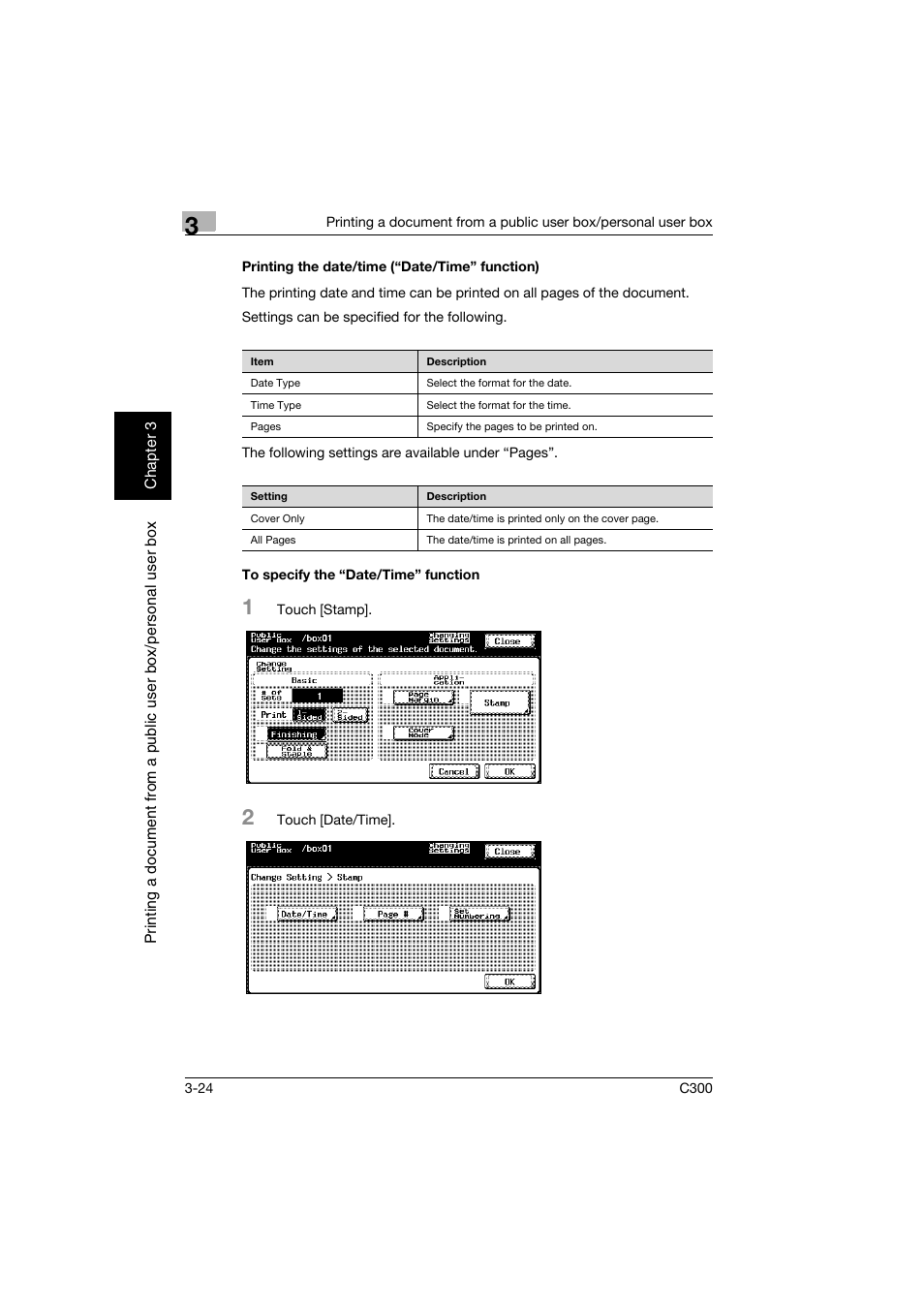 Printing the date/time (“date/time” function), To specify the “date/time” function, P. 3-24 | Konica Minolta bizhub C300 User Manual | Page 61 / 198