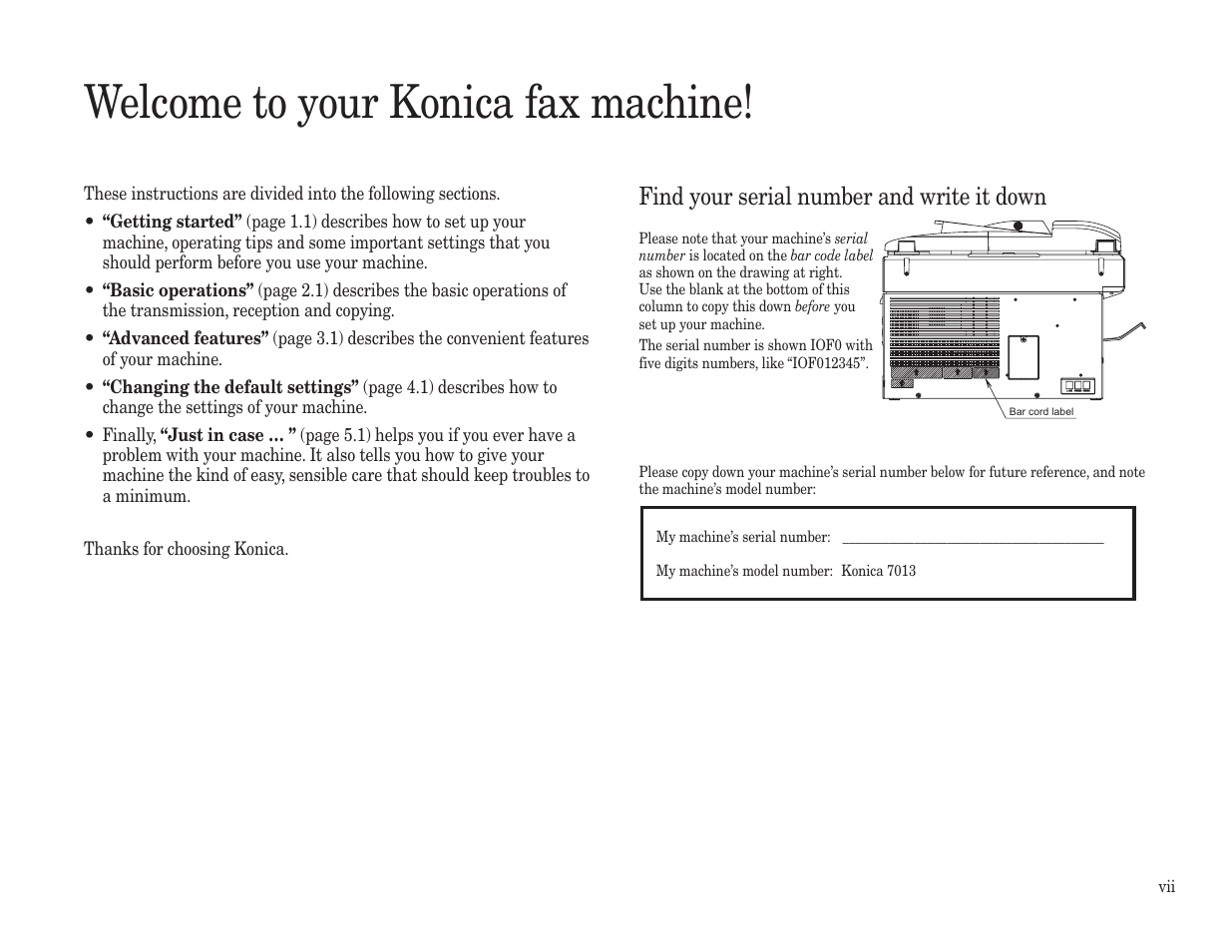 Welcome to your konica fax machine, Find your serial number and write it down | Konica Minolta 7013 User Manual | Page 8 / 150