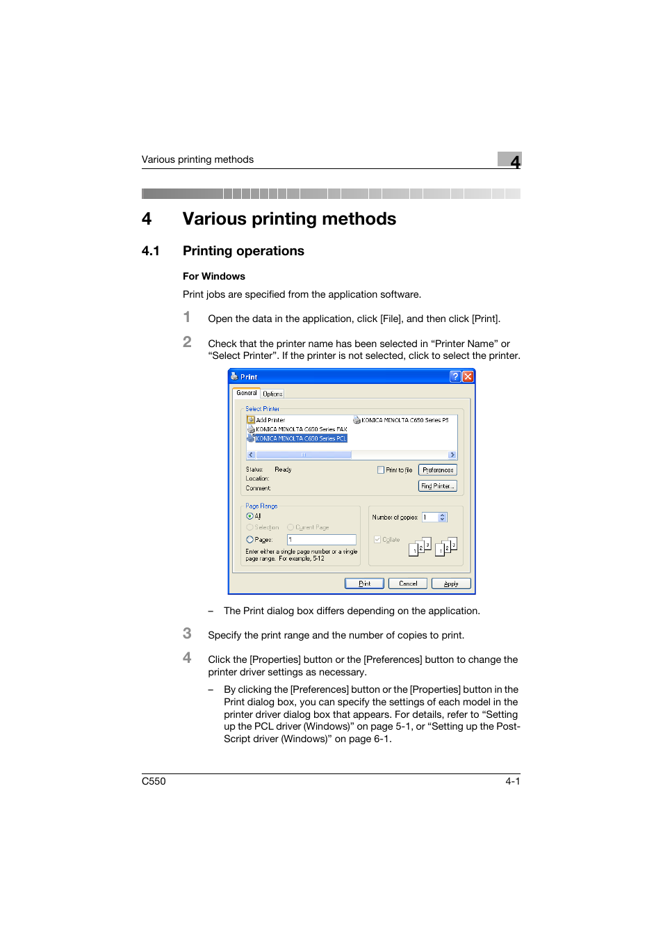 4 various printing methods, 1 printing operations, For windows | Various printing methods, Printing operations -1, For windows -1, 4various printing methods | Konica Minolta bizhub C550 User Manual | Page 116 / 400