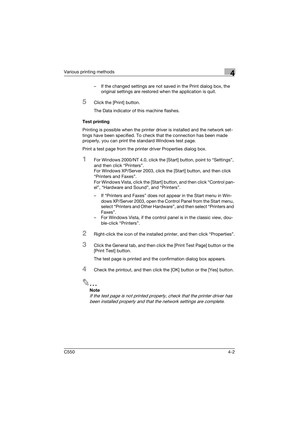 Test printing, Test printing -2 | Konica Minolta bizhub C550 User Manual | Page 117 / 400