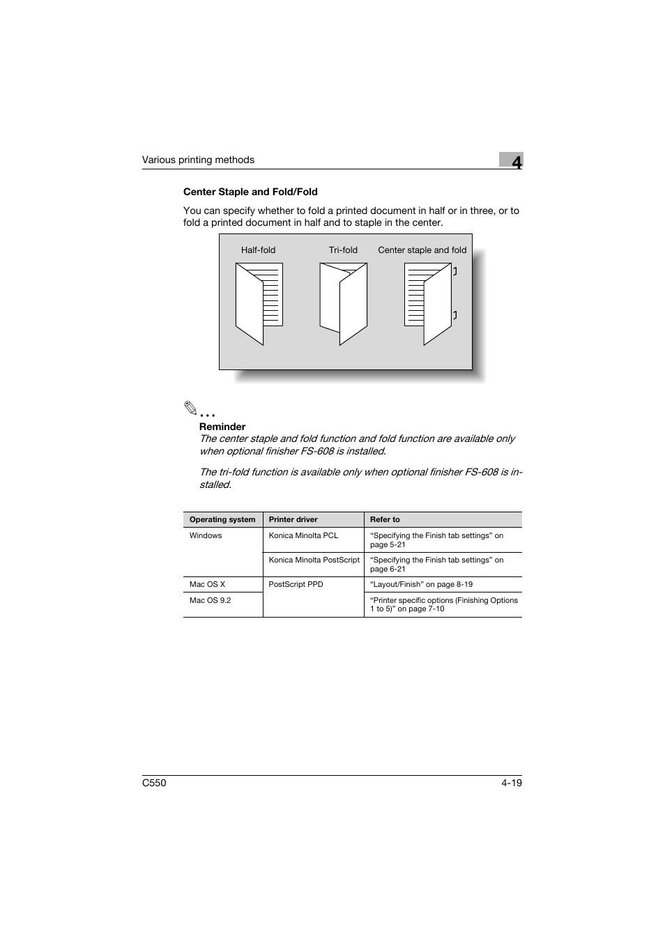 Center staple and fold/fold, Center staple and fold/fold -19 | Konica Minolta bizhub C550 User Manual | Page 134 / 400
