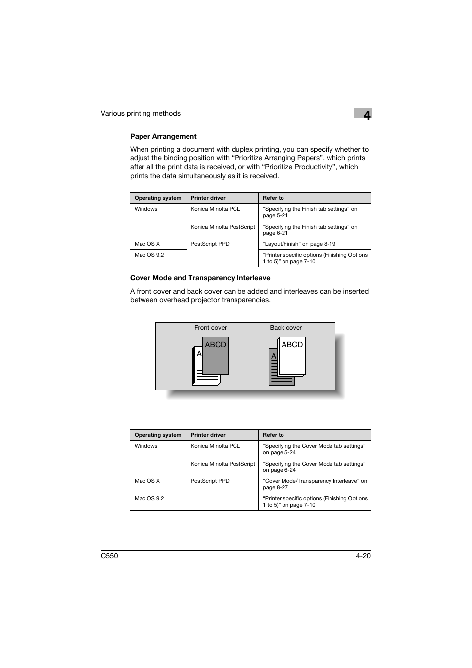 Paper arrangement, Cover mode and transparency interleave | Konica Minolta bizhub C550 User Manual | Page 135 / 400