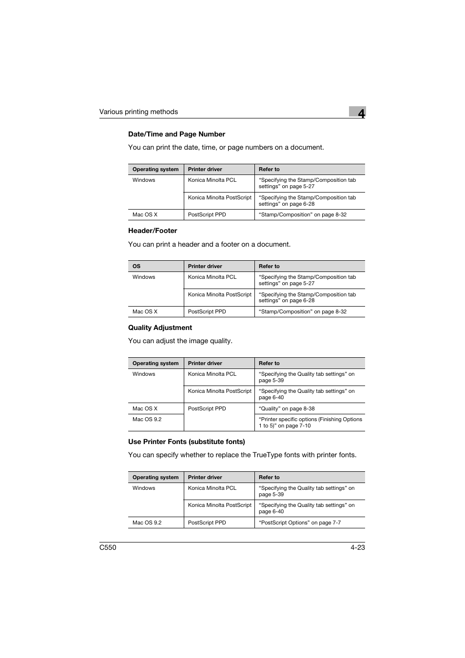 Header/footer, Quality adjustment, Use printer fonts (substitute fonts) | Konica Minolta bizhub C550 User Manual | Page 138 / 400