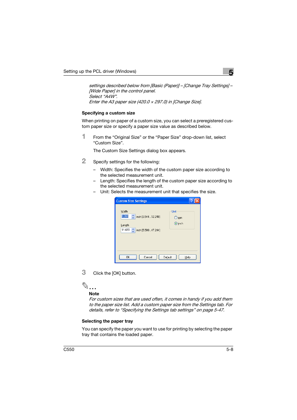 Specifying a custom size, Selecting the paper tray | Konica Minolta bizhub C550 User Manual | Page 151 / 400