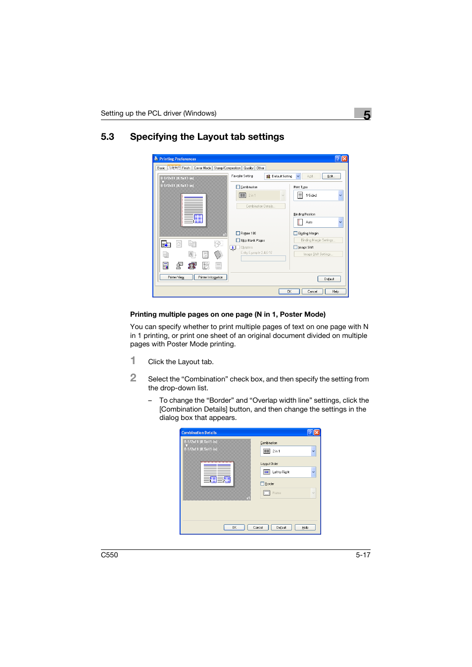 3 specifying the layout tab settings, Specifying the layout tab settings -17 | Konica Minolta bizhub C550 User Manual | Page 160 / 400
