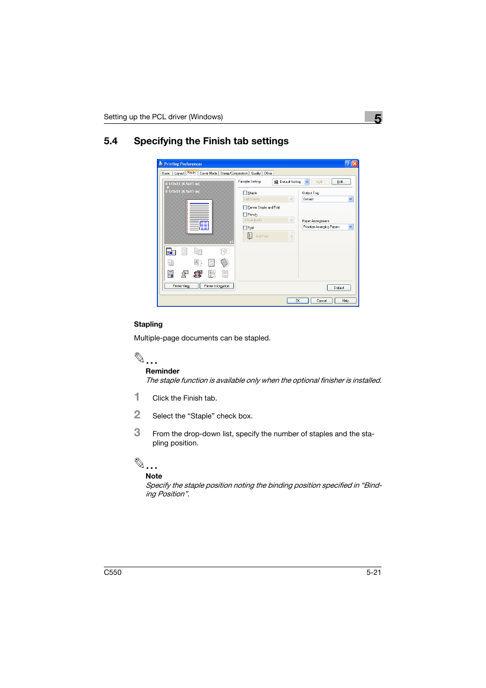 4 specifying the finish tab settings, Stapling, Specifying the finish tab settings -21 | Stapling -21 | Konica Minolta bizhub C550 User Manual | Page 164 / 400