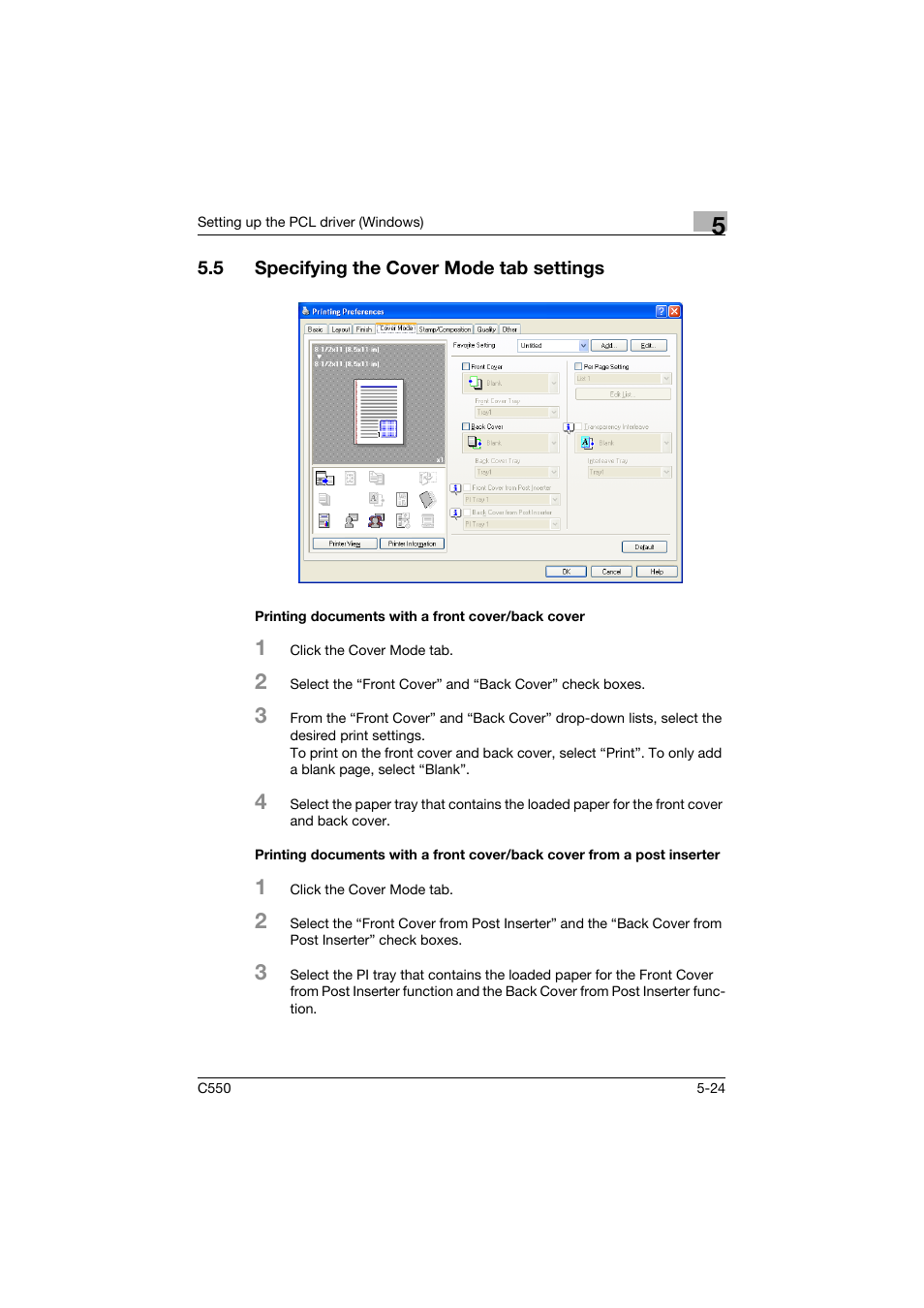 5 specifying the cover mode tab settings, Printing documents with a front cover/back cover, Specifying the cover mode tab settings -24 | Konica Minolta bizhub C550 User Manual | Page 167 / 400