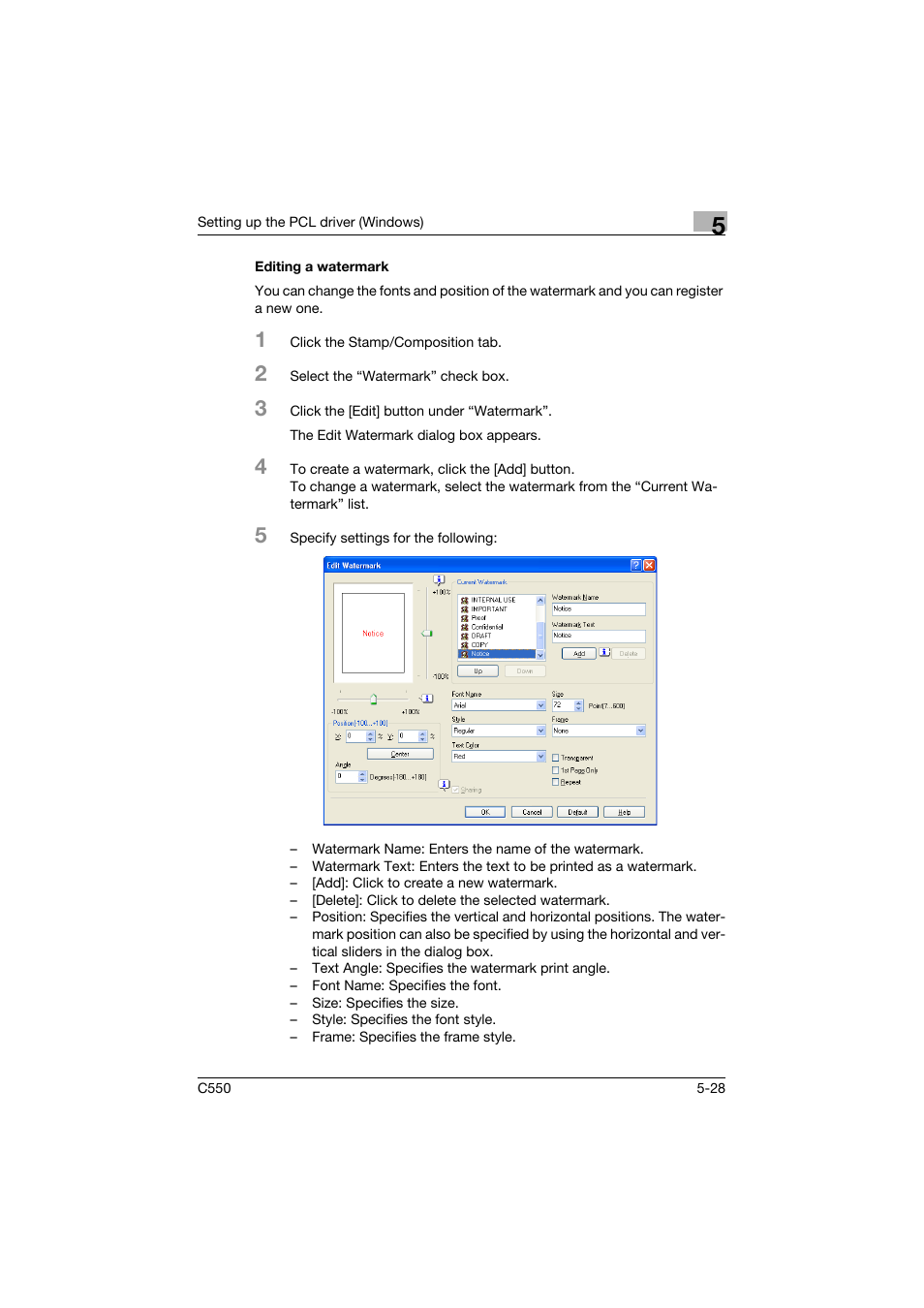 Editing a watermark, Editing a watermark -28 | Konica Minolta bizhub C550 User Manual | Page 171 / 400