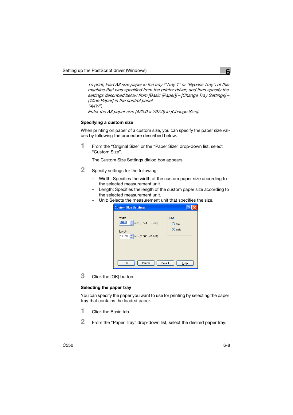 Specifying a custom size, Selecting the paper tray | Konica Minolta bizhub C550 User Manual | Page 205 / 400