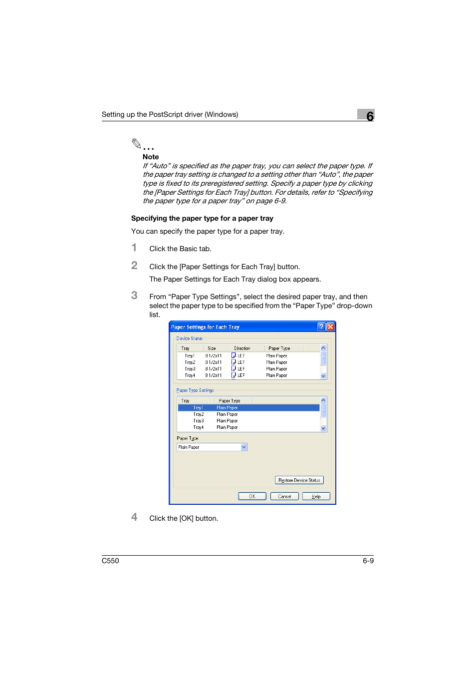 Specifying the paper type for a paper tray, Specifying the paper type for a paper tray -9 | Konica Minolta bizhub C550 User Manual | Page 206 / 400