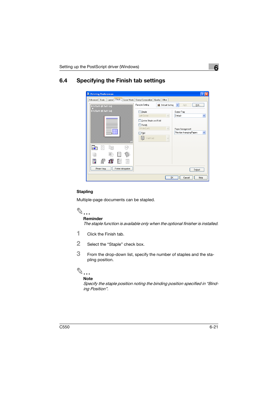 4 specifying the finish tab settings, Stapling, Specifying the finish tab settings -21 | Stapling -21 | Konica Minolta bizhub C550 User Manual | Page 218 / 400