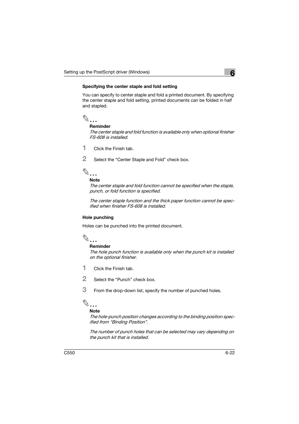 Specifying the center staple and fold setting, Hole punching | Konica Minolta bizhub C550 User Manual | Page 219 / 400