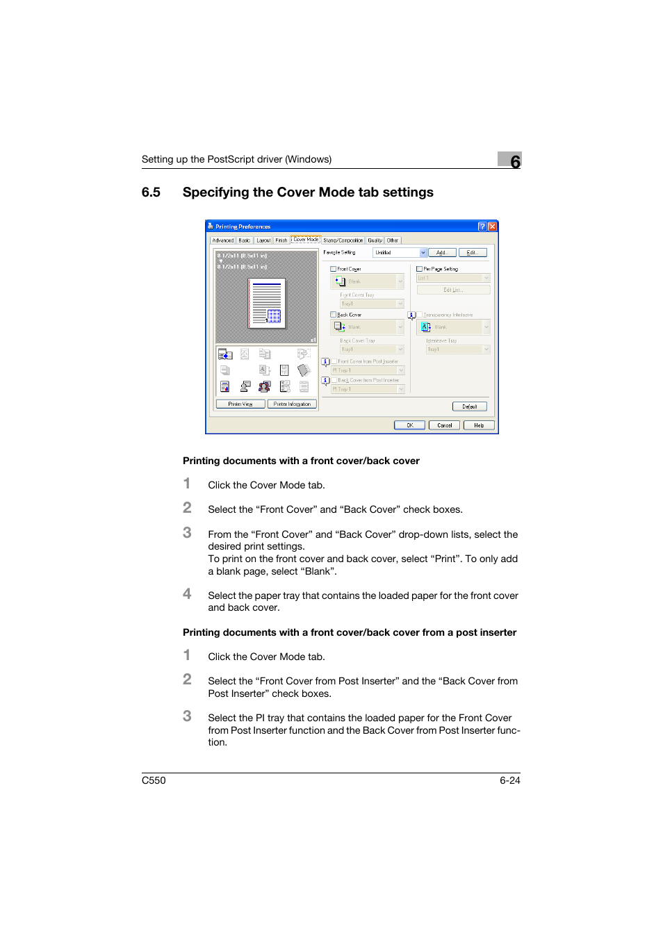 5 specifying the cover mode tab settings, Printing documents with a front cover/back cover, Specifying the cover mode tab settings -24 | Konica Minolta bizhub C550 User Manual | Page 221 / 400