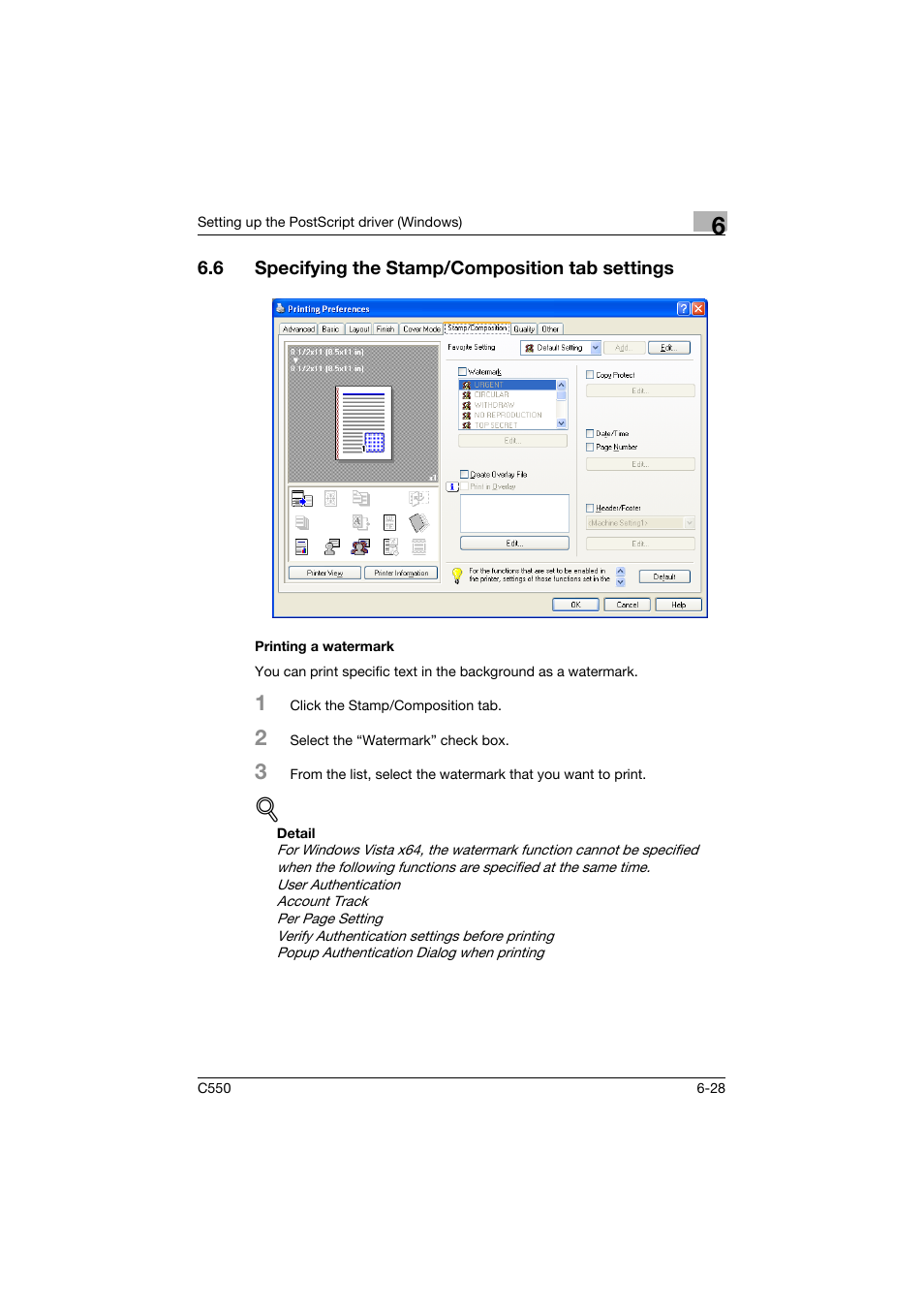 6 specifying the stamp/composition tab settings, Printing a watermark, Specifying the stamp/composition tab settings -28 | Printing a watermark -28 | Konica Minolta bizhub C550 User Manual | Page 225 / 400