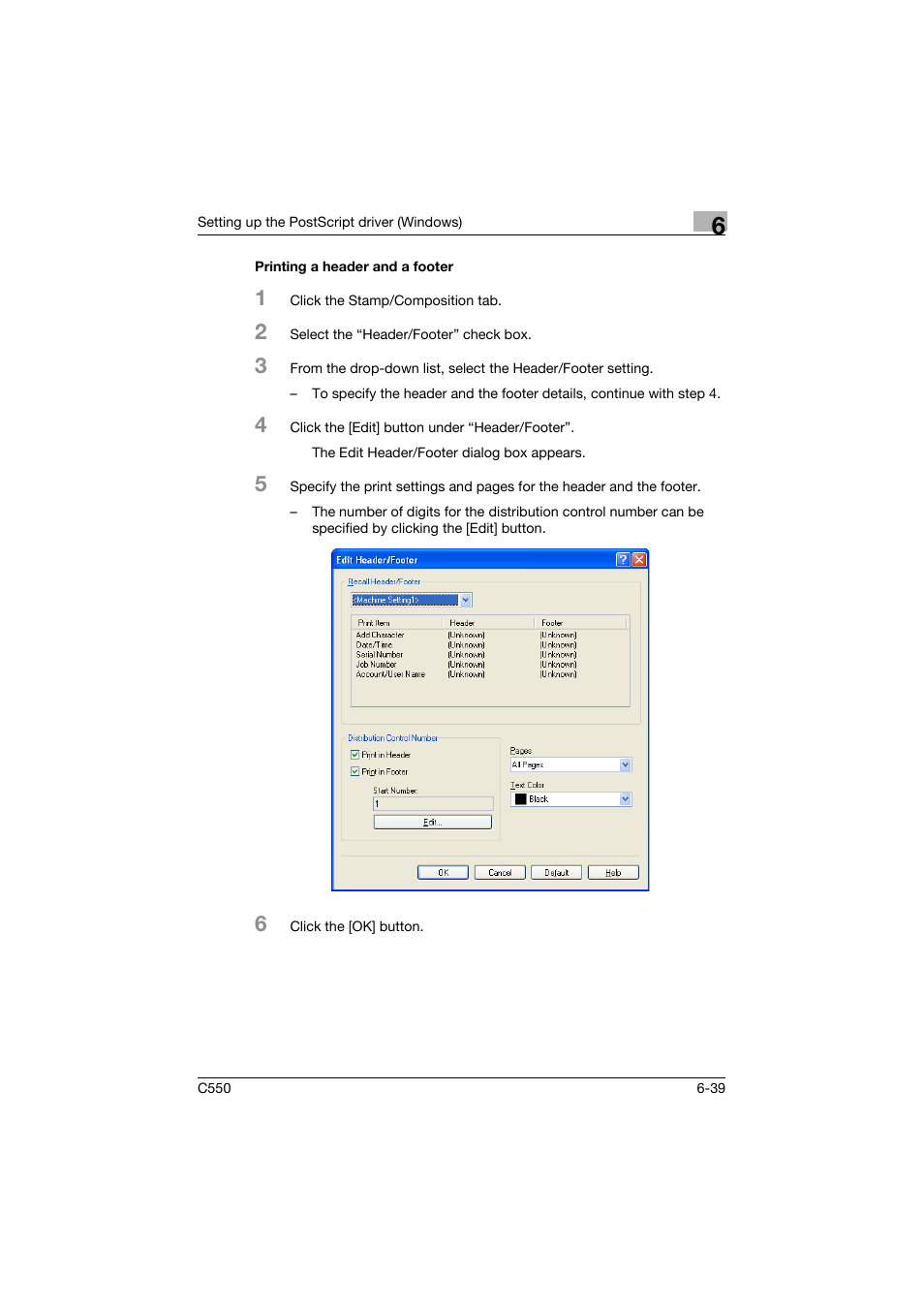 Printing a header and a footer, Printing a header and a footer -39 | Konica Minolta bizhub C550 User Manual | Page 236 / 400