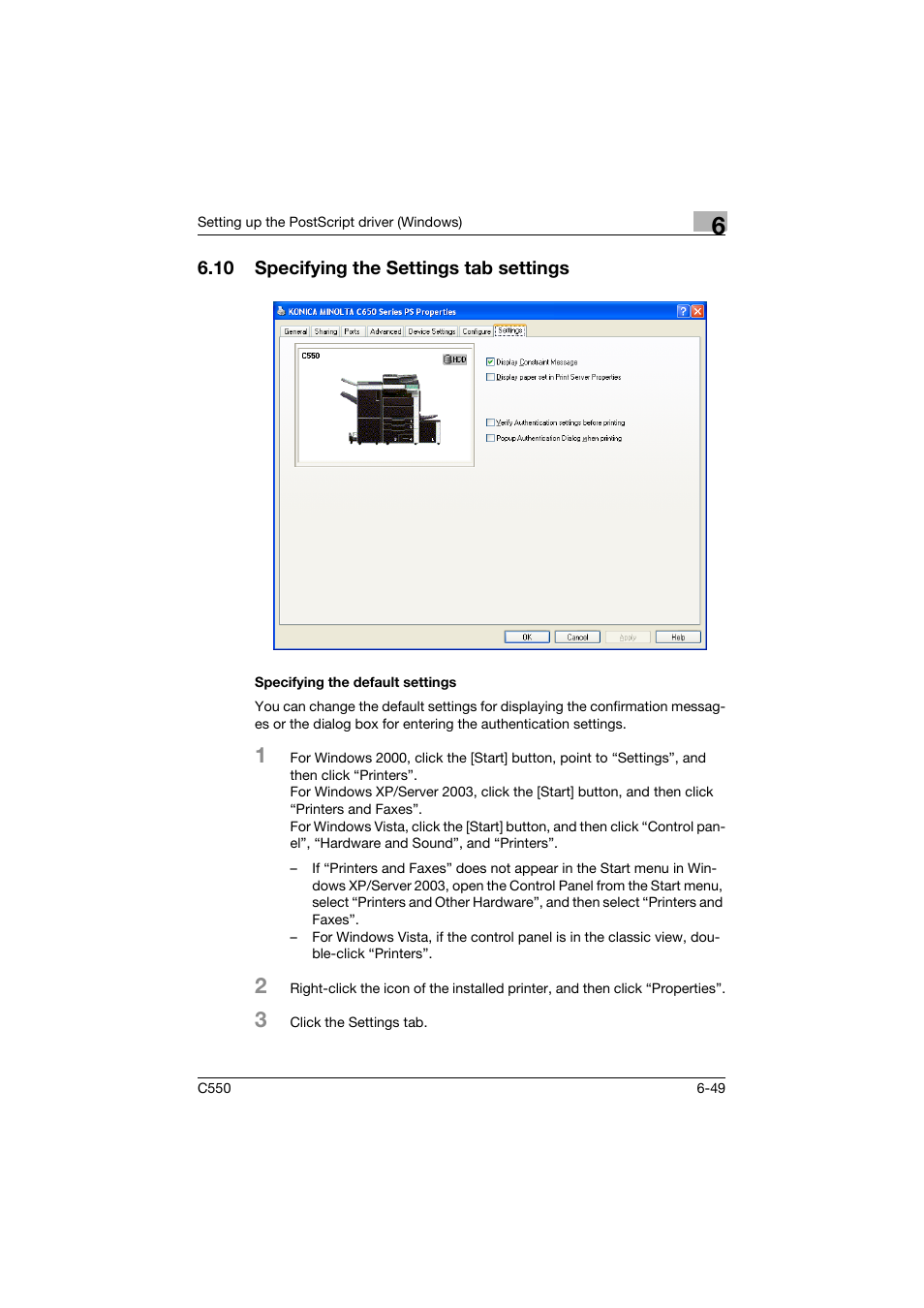 10 specifying the settings tab settings, Specifying the default settings, Specifying the settings tab settings -49 | Specifying the default settings -49 | Konica Minolta bizhub C550 User Manual | Page 246 / 400