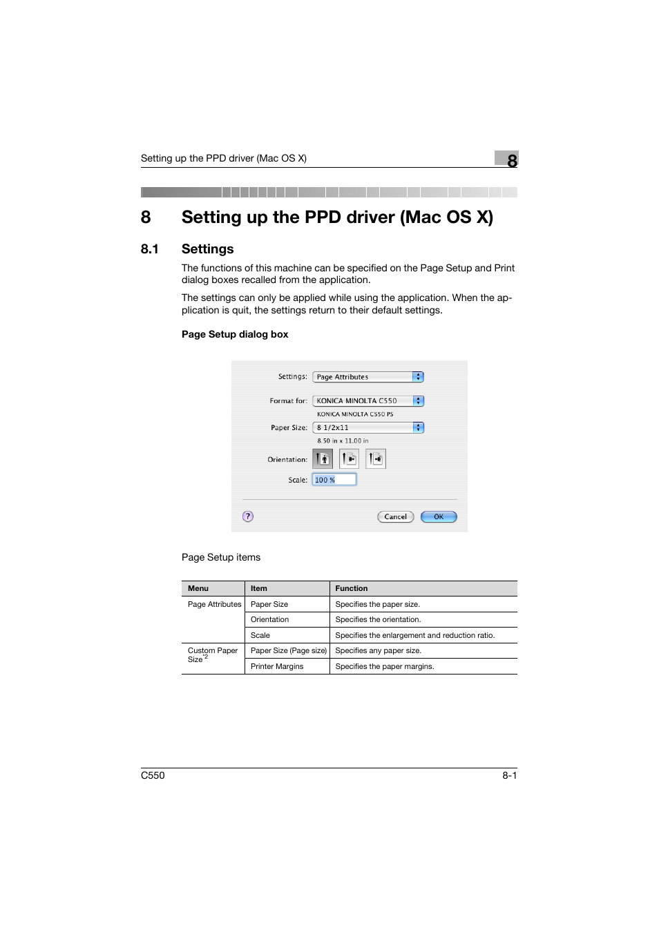 8 setting up the ppd driver (mac os x), 1 settings, Setting up the ppd driver (mac os x) | Settings -1, 8setting up the ppd driver (mac os x) | Konica Minolta bizhub C550 User Manual | Page 266 / 400
