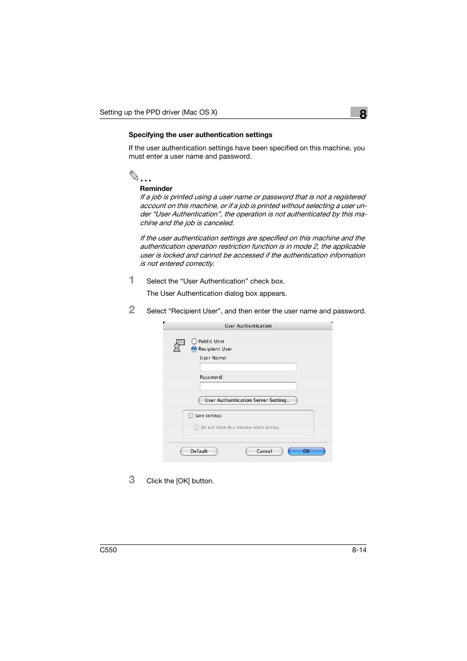 Specifying the user authentication settings, Specifying the user authentication settings -14 | Konica Minolta bizhub C550 User Manual | Page 279 / 400
