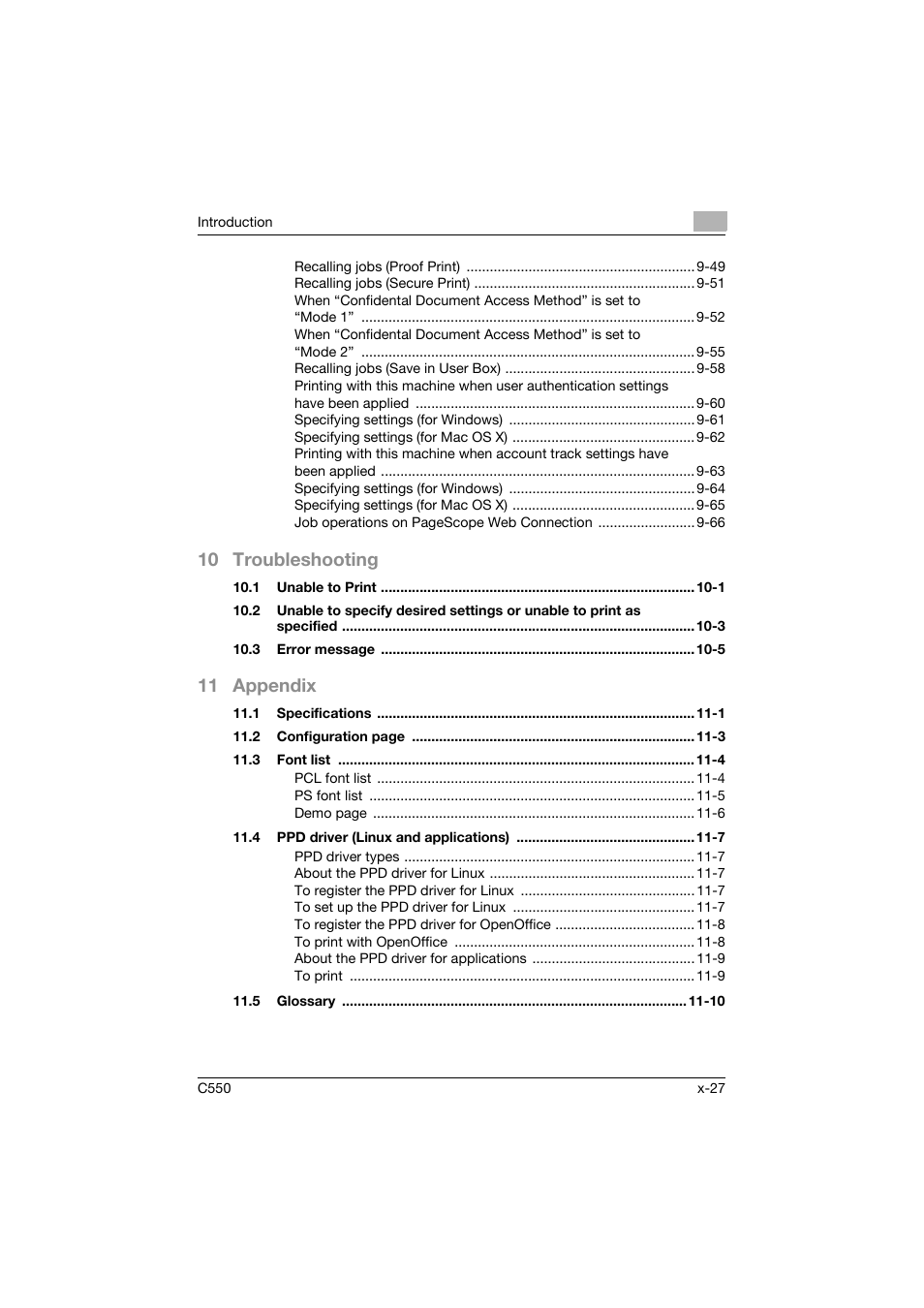 10 troubleshooting, 11 appendix | Konica Minolta bizhub C550 User Manual | Page 28 / 400