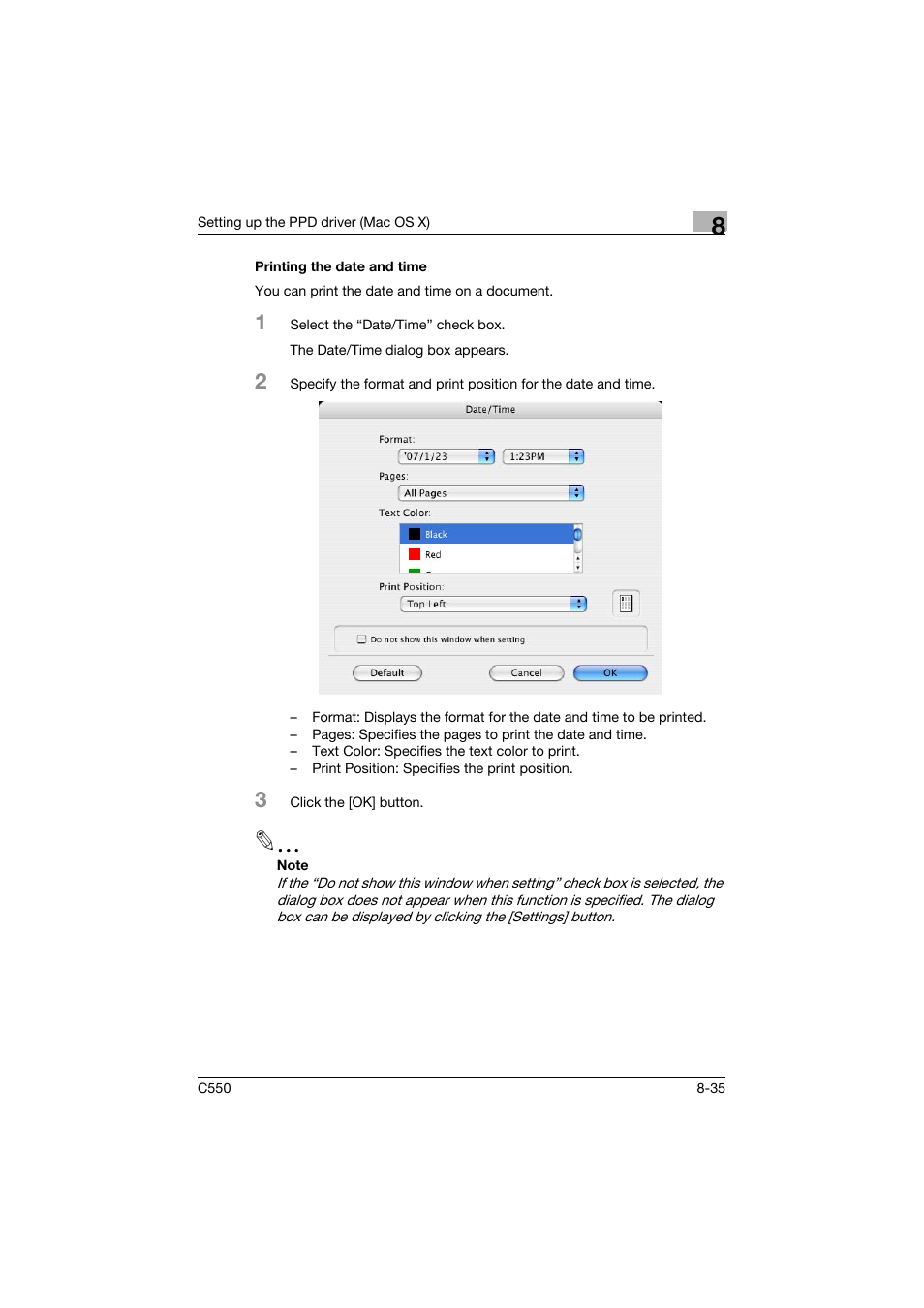 Printing the date and time, Printing the date and time -35 | Konica Minolta bizhub C550 User Manual | Page 300 / 400