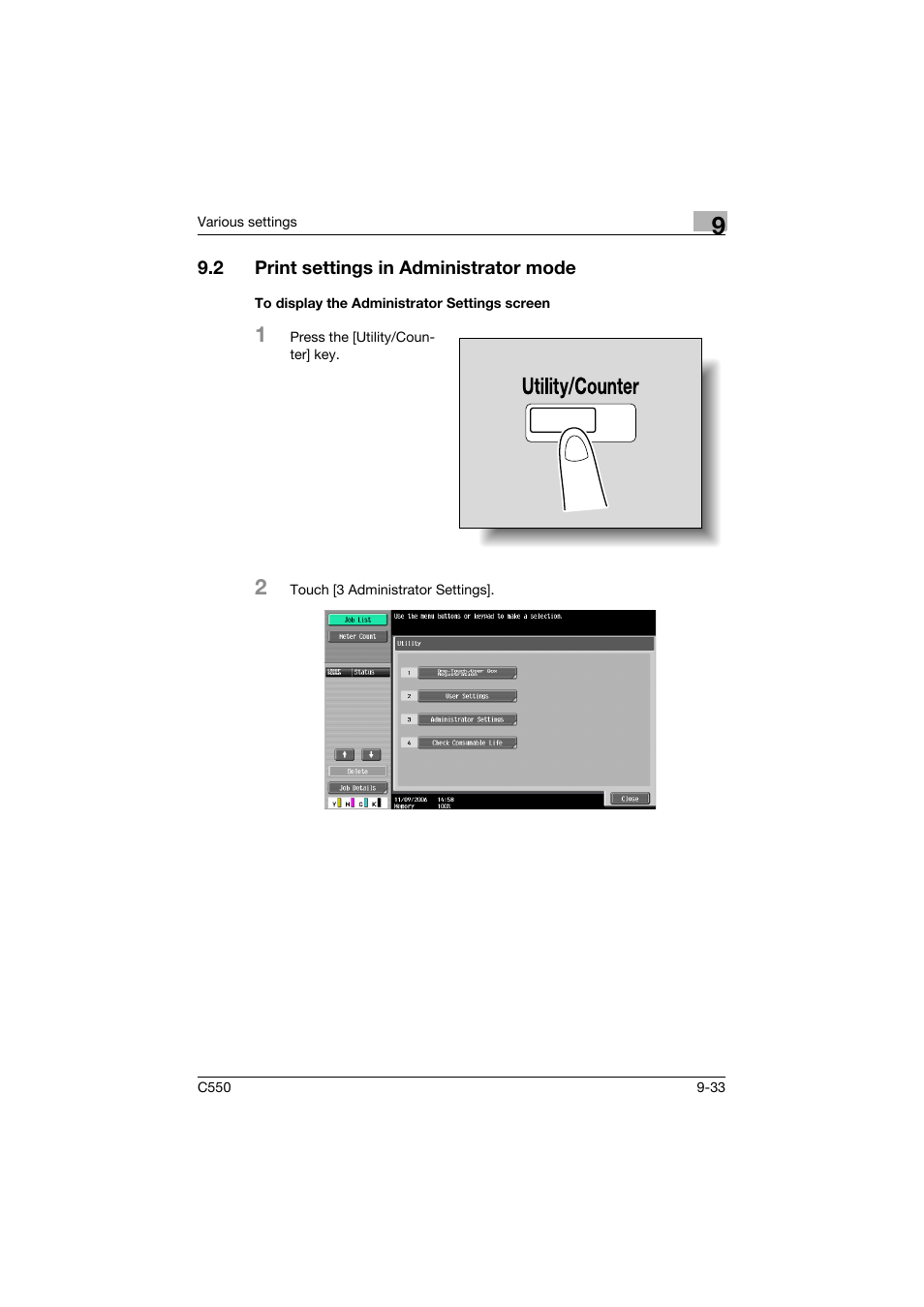 2 print settings in administrator mode, To display the administrator settings screen, Print settings in administrator mode -33 | To display the administrator settings screen -33 | Konica Minolta bizhub C550 User Manual | Page 342 / 400