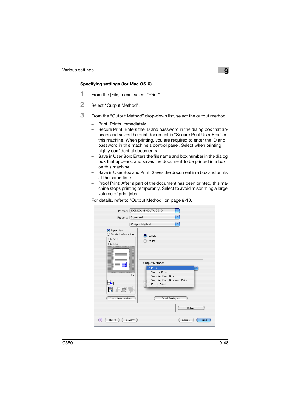 Specifying settings (for mac os x), Specifying settings (for mac os x) -48 | Konica Minolta bizhub C550 User Manual | Page 357 / 400
