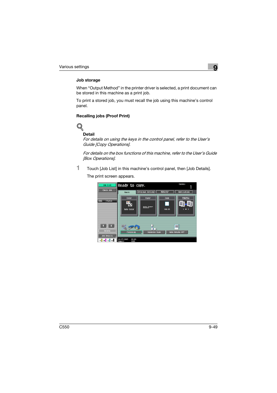 Job storage, Recalling jobs (proof print), Job storage -49 | Recalling jobs (proof print) -49 | Konica Minolta bizhub C550 User Manual | Page 358 / 400