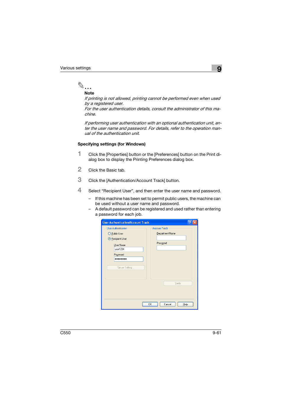Specifying settings (for windows), Specifying settings (for windows) -61 | Konica Minolta bizhub C550 User Manual | Page 370 / 400