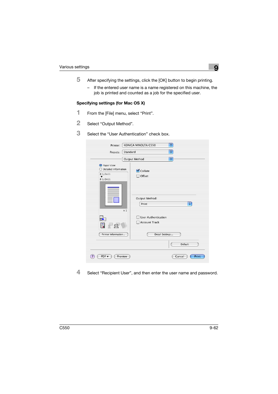 Specifying settings (for mac os x), Specifying settings (for mac os x) -62 | Konica Minolta bizhub C550 User Manual | Page 371 / 400