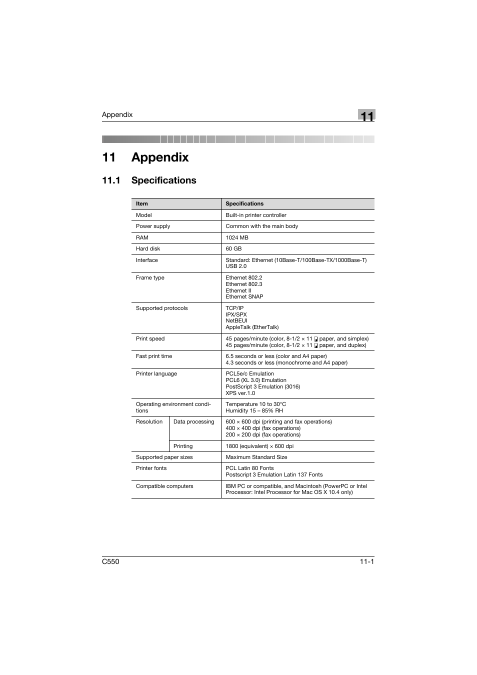 11 appendix, 1 specifications, Specifications -1 | Konica Minolta bizhub C550 User Manual | Page 382 / 400