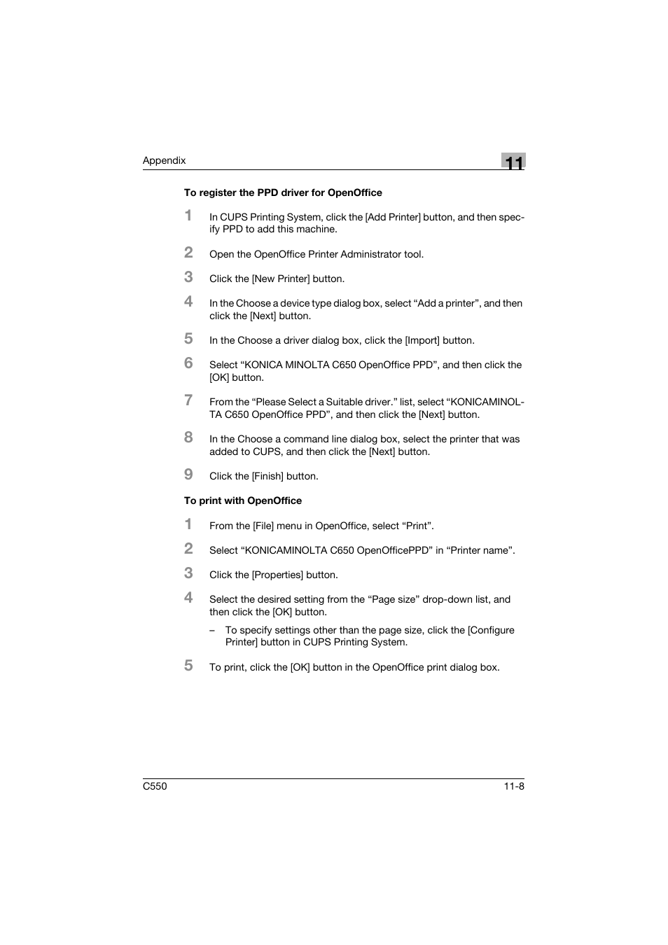 To register the ppd driver for openoffice, To print with openoffice | Konica Minolta bizhub C550 User Manual | Page 389 / 400